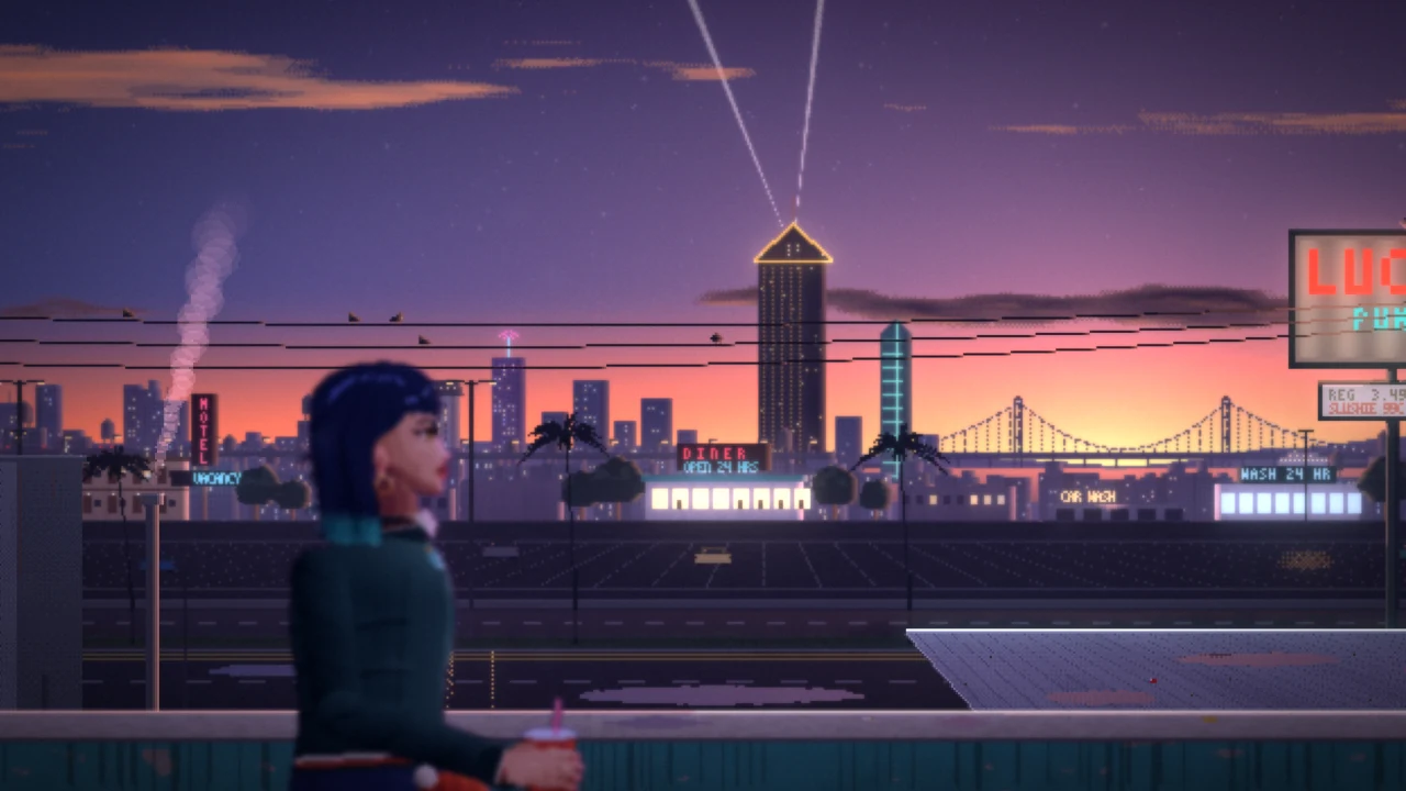 Dot on the Lucky Pump rooftop as the sun begins to rise over the town